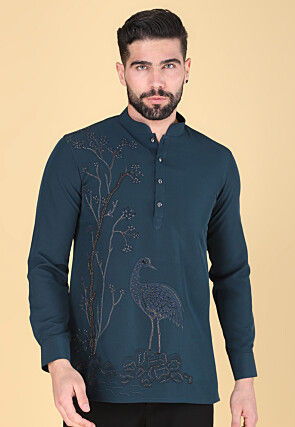Hand Embroidered Polyester Short Kurta in Teal Blue