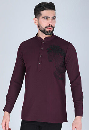 Hand Embroidered Polyester Short Kurta in Violet
