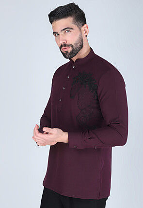 Hand Embroidered Polyester Short Kurta in Violet