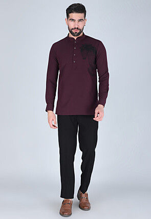 Hand Embroidered Polyester Short Kurta in Violet