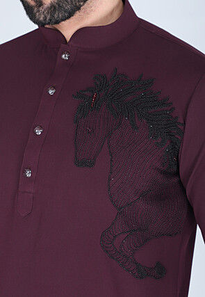 Hand Embroidered Polyester Short Kurta in Violet