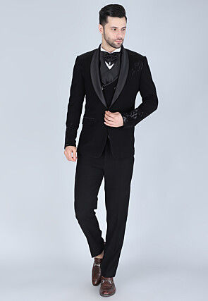 Hand Embroidered Polyester Tuxedo in Black