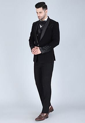 Hand Embroidered Polyester Tuxedo in Black