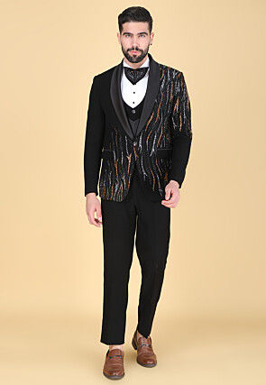 Hand Embroidered Polyester Tuxedo in Black