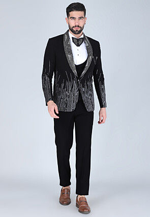 Hand Embroidered Polyester Tuxedo in Black