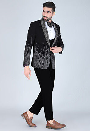 Hand Embroidered Polyester Tuxedo in Black