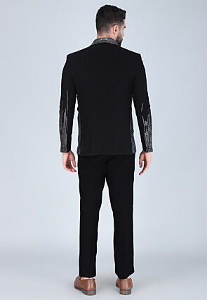 Hand Embroidered Polyester Tuxedo in Black