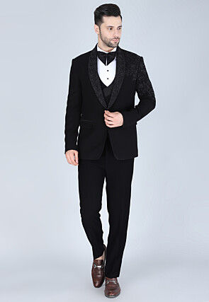 Hand Embroidered Polyester Tuxedo in Black