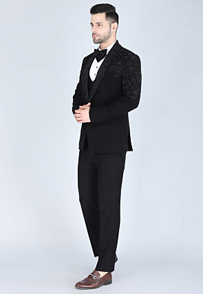 Hand Embroidered Polyester Tuxedo in Black