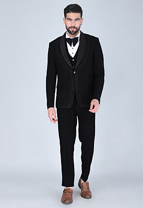 Hand Embroidered Polyester Tuxedo in Black