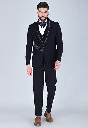 Hand Embroidered Polyester Tuxedo in Navy Blue