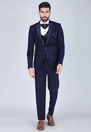 Hand Embroidered Polyester Tuxedo in Navy Blue