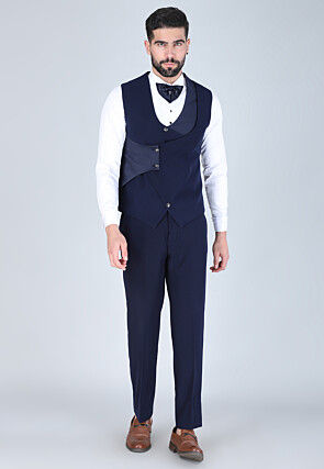 Hand Embroidered Polyester Tuxedo in Navy Blue