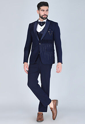 Hand Embroidered Polyester Tuxedo in Navy Blue