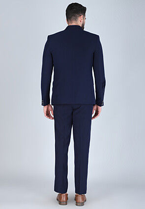 Hand Embroidered Polyester Tuxedo in Navy Blue