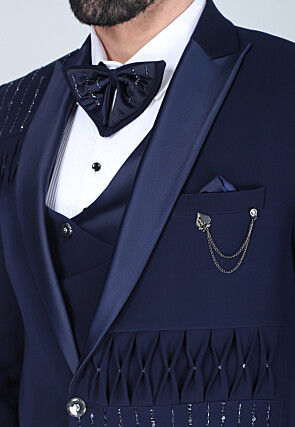 Hand Embroidered Polyester Tuxedo in Navy Blue