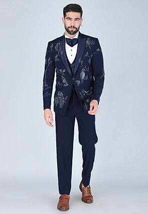 Hand Embroidered Polyester Tuxedo in Navy Blue