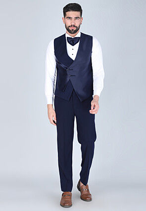Hand Embroidered Polyester Tuxedo in Navy Blue