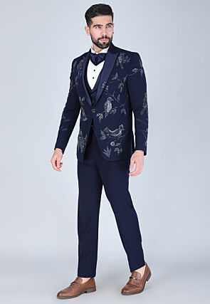 Hand Embroidered Polyester Tuxedo in Navy Blue