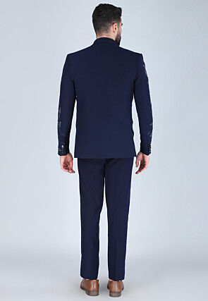 Hand Embroidered Polyester Tuxedo in Navy Blue