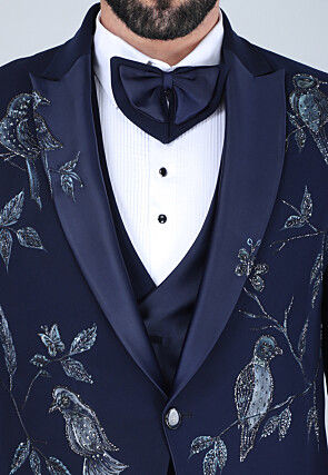 Hand Embroidered Polyester Tuxedo in Navy Blue