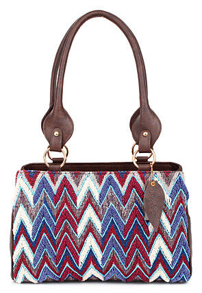 Hand Embroidered PU Hand Bag in Multicolor and Brown