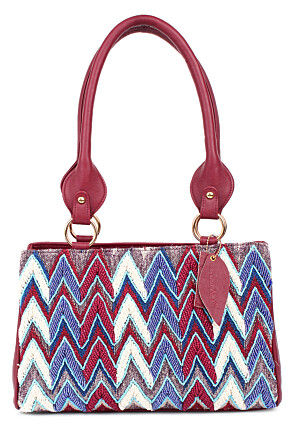 Hand Embroidered PU Hand Bag in Multicolor and Maroon