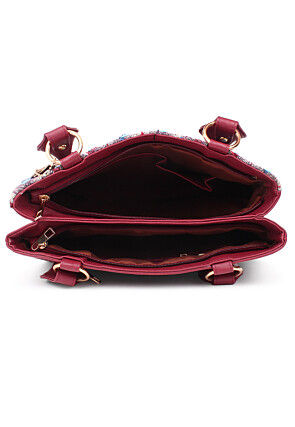 Hand Embroidered PU Hand Bag in Multicolor and Maroon