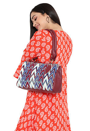 Hand Embroidered PU Hand Bag in Multicolor and Maroon