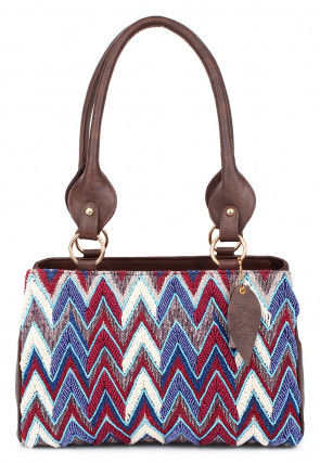 Hand Embroidered PU Handbag in Multicolor and Brown