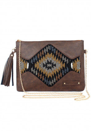 Hand Embroidered PU Sling Bag in Dark Brown