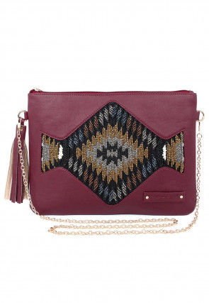Hand Embroidered PU Sling Bag in Maroon