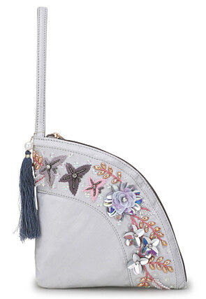 Hand Embroidered PU Wristlet in Grey