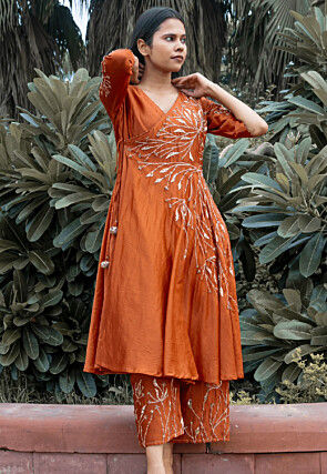 Hand Embroidered Pure Chanderi Silk Aline Suit in Rust