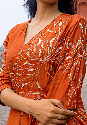 Hand Embroidered Pure Chanderi Silk Aline Suit in Rust