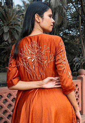 Hand Embroidered Pure Chanderi Silk Aline Suit in Rust