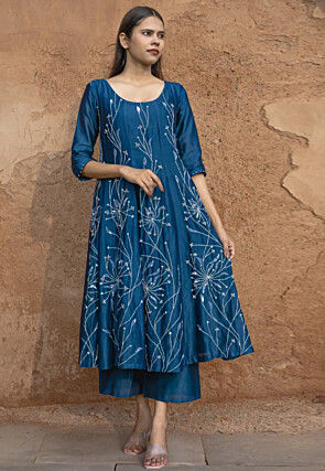 Hand Embroidered Pure Chanderi Silk Anarkali Suit in Dark Teal Blue