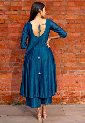 Hand Embroidered Pure Chanderi Silk Anarkali Suit in Dark Teal Blue