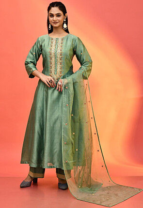 Hand Embroidered Pure Chanderi Silk Anarkali Suit in Olive Green