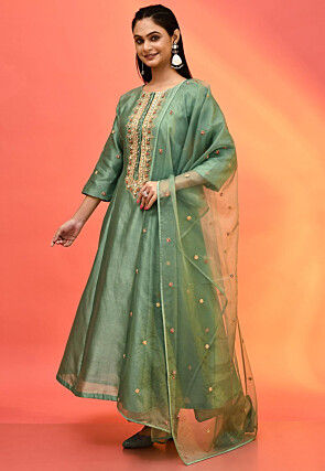Hand Embroidered Pure Chanderi Silk Anarkali Suit in Olive Green