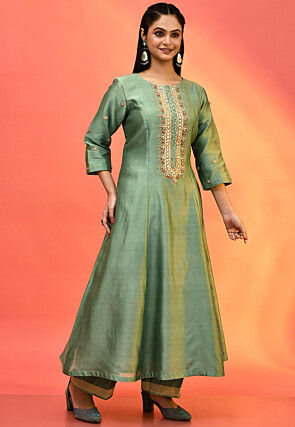 Hand Embroidered Pure Chanderi Silk Anarkali Suit in Olive Green