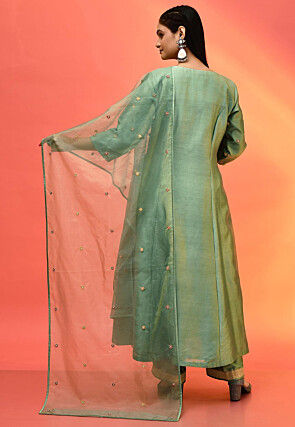 Hand Embroidered Pure Chanderi Silk Anarkali Suit in Olive Green
