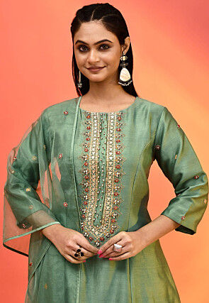 Hand Embroidered Pure Chanderi Silk Anarkali Suit in Olive Green