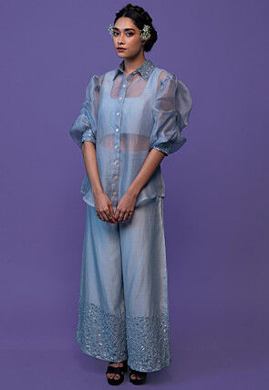 Hand Embroidered Pure Chanderi Silk Crop Top Set in Pastel Blue