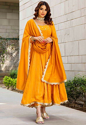 Hand Embroidered Pure Chanderi Silk Jacquard Anarkali Suit in Mustard