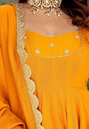 Hand Embroidered Pure Chanderi Silk Jacquard Anarkali Suit in Mustard
