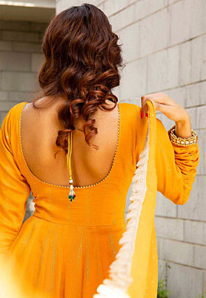 Hand Embroidered Pure Chanderi Silk Jacquard Anarkali Suit in Mustard