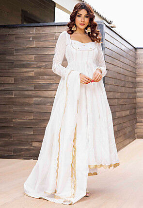 Hand Embroidered Pure Chanderi Silk Jacquard Anarkali Suit in Off White