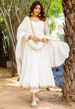 Hand Embroidered Pure Chanderi Silk Jacquard Anarkali Suit in Off White