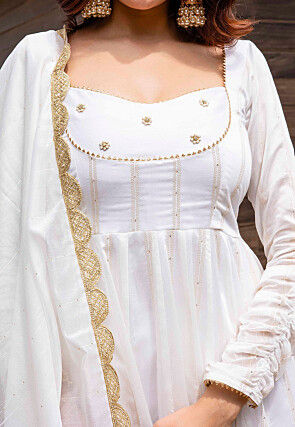 Hand Embroidered Pure Chanderi Silk Jacquard Anarkali Suit in Off White